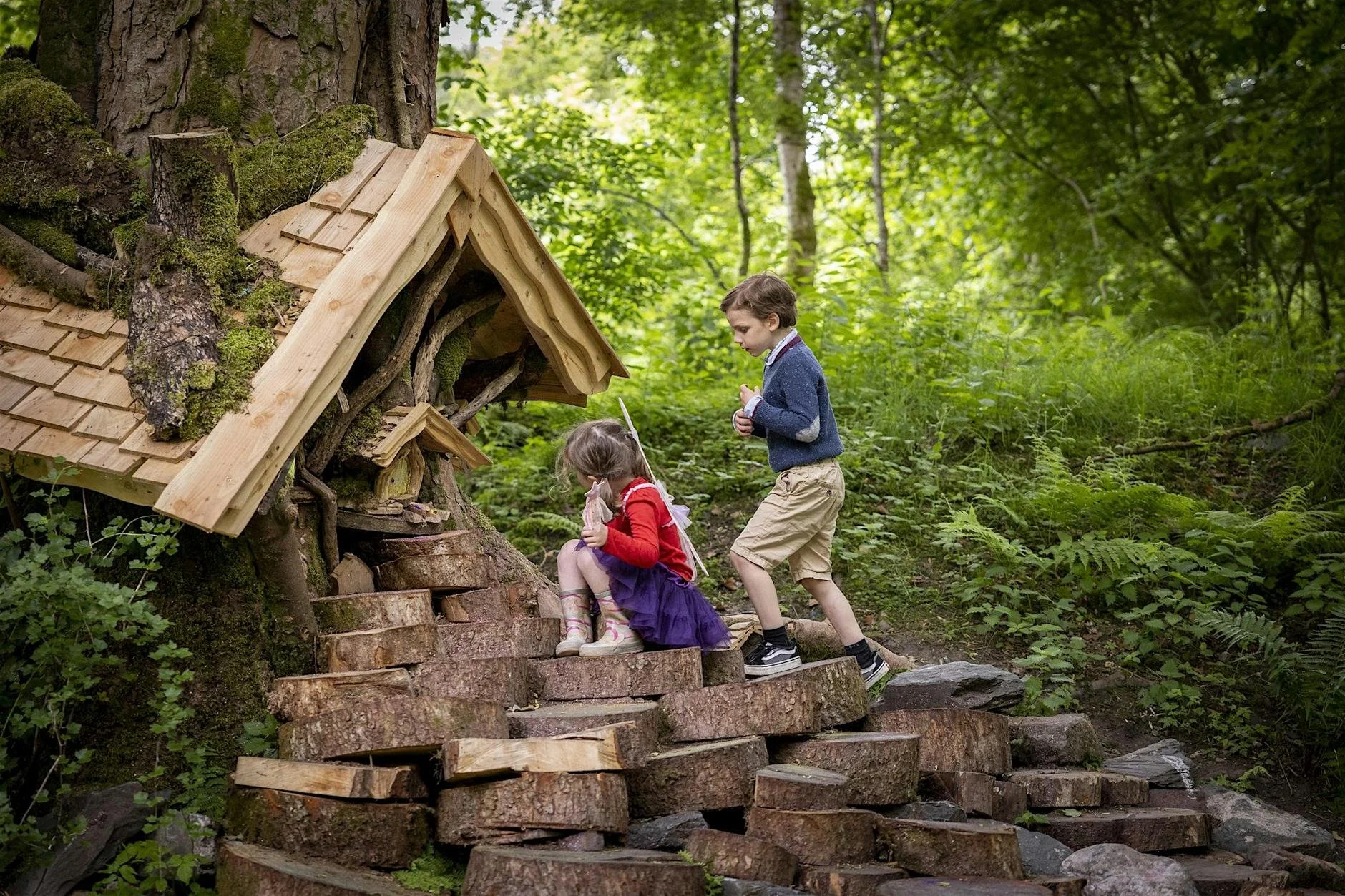 Two children, a girl and a boy, climbing wooden steps next to a small wooden treehouse built into a tree in a lush, green forest.