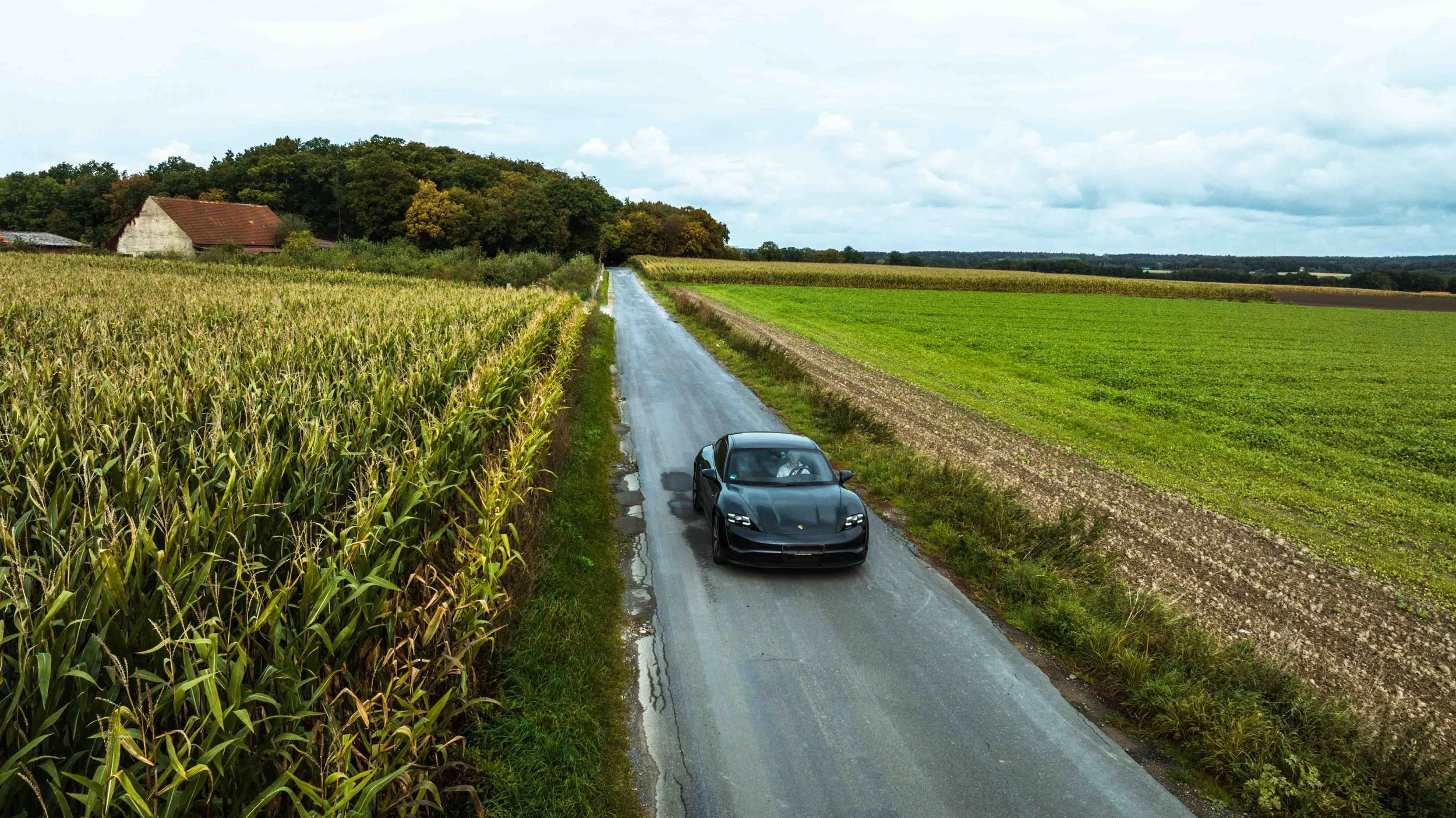 Porsche Taycan 4S in einer grünen Landschaft fährt entlang der Straße