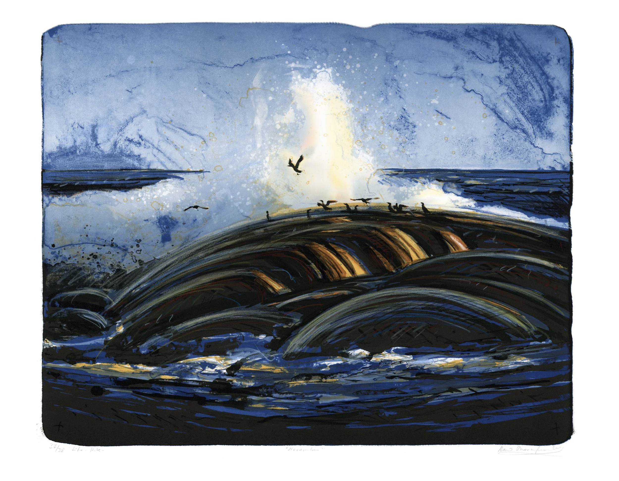 "November" 2025-2026
Colour Lithograph, 43x54cm (motif), 50x64cm (paper)
Edition: 38, each ex hand-coloured with watercolor and pencils.
Printed at Smia Grafiske Verksted, Odderøya Kristiansand. Norway