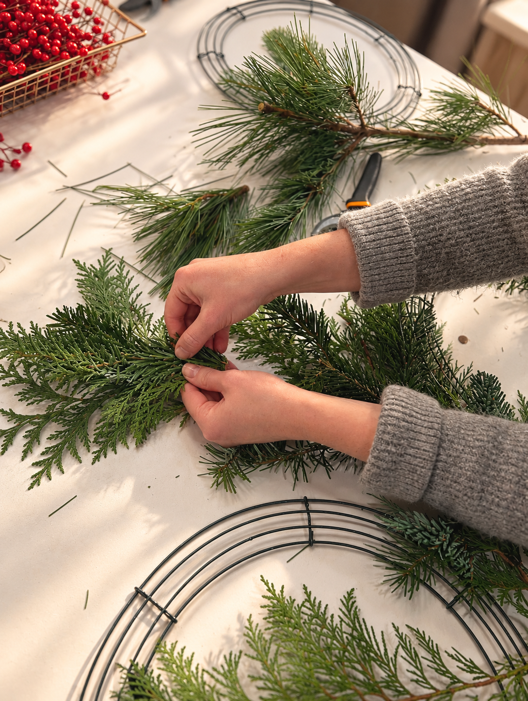 Sunlit Evergreen Wreath-Making Workspace.png