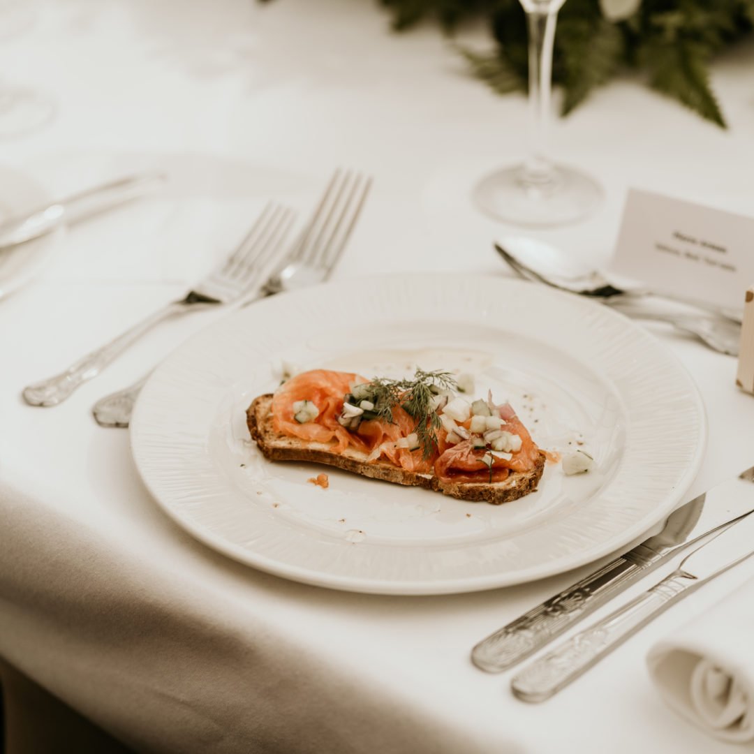 Locally caught fresh salmon spring wedding breakfast at Pentillie Castle in Cornwall, by Noah Werth Photography.jpg