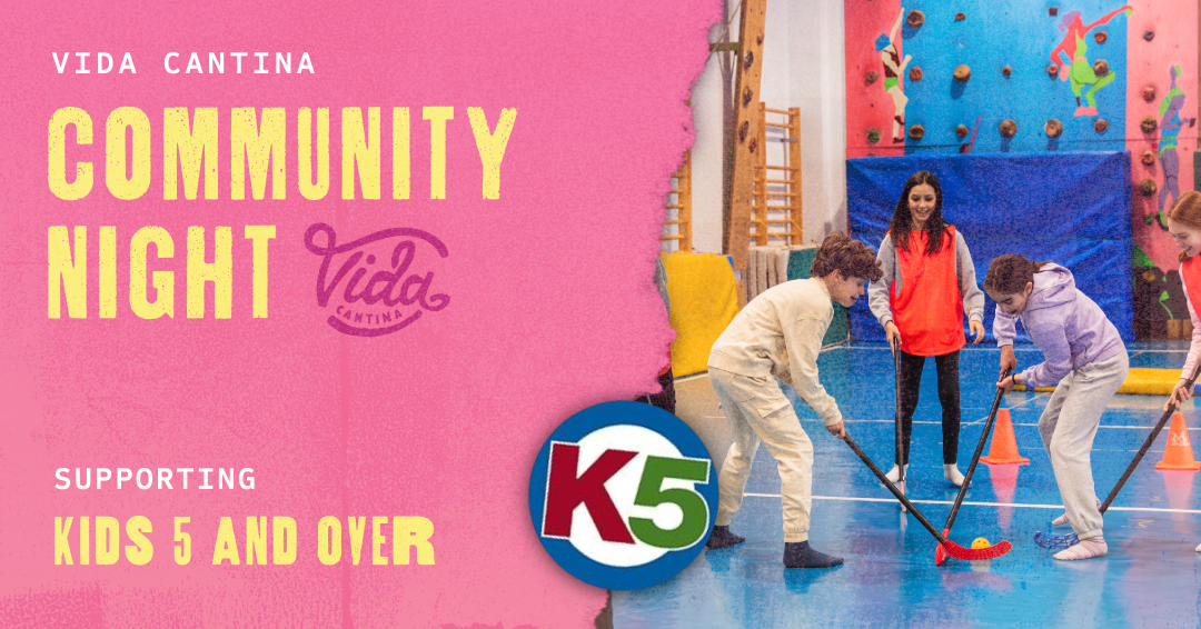 Kids 5 and Over Vida Community Night banner with logos and image of kids playing floor hockey