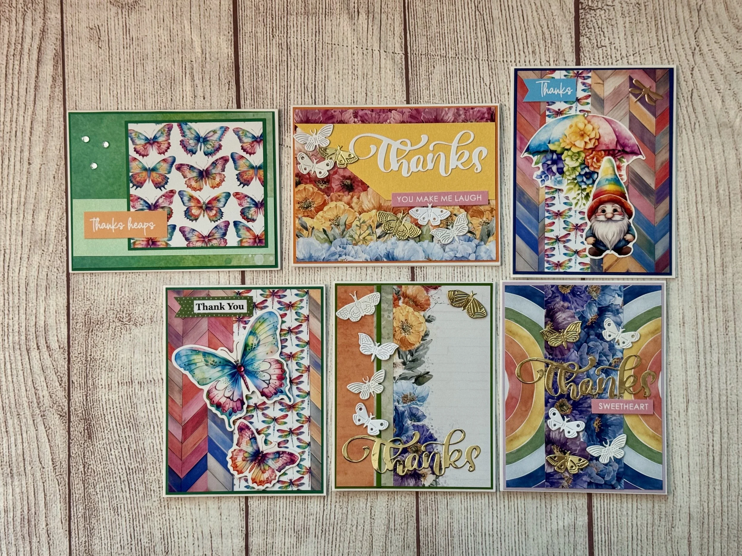 Thank you - 6 card set butterflies and rainbows
