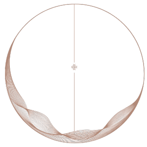 Conscious Movements Logo of a black circle divided by a vertical line with intricate beige patterns on the left and right edges, resembling abstract mountain or wave formations.