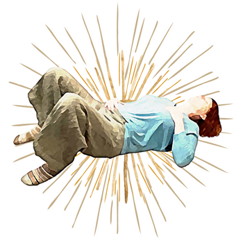Person lying down with hand on chest, emitting radiant lines in the background.