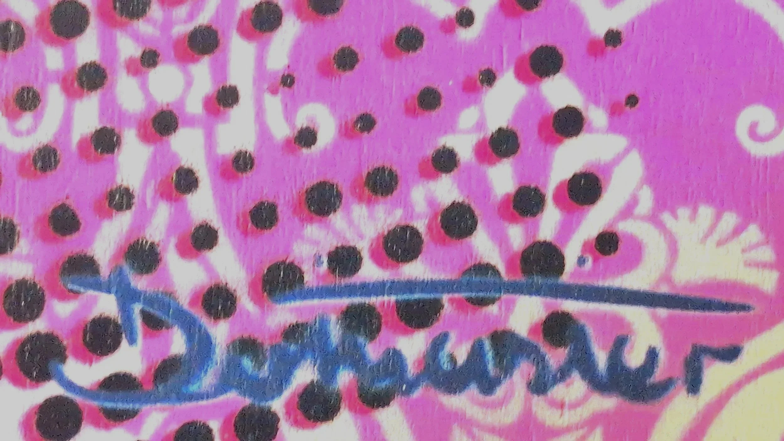 Details of The Dotmaster`s stencil 2 tone sprayed signature to front of painting.