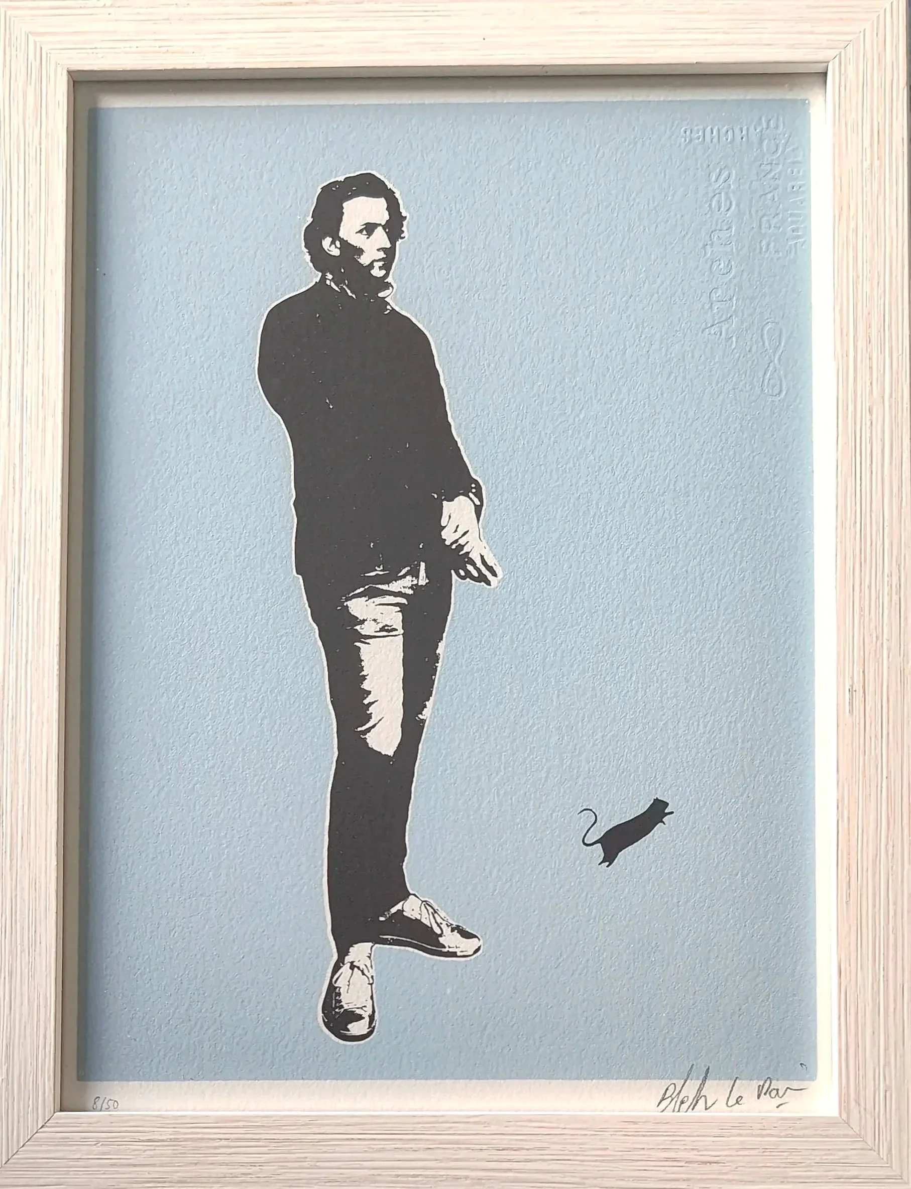 Blek le rat Frederic Chopin in casual attire on blue background signed and numbered 8 of 50 in pencil framed serigraph behind glass.jpeg
