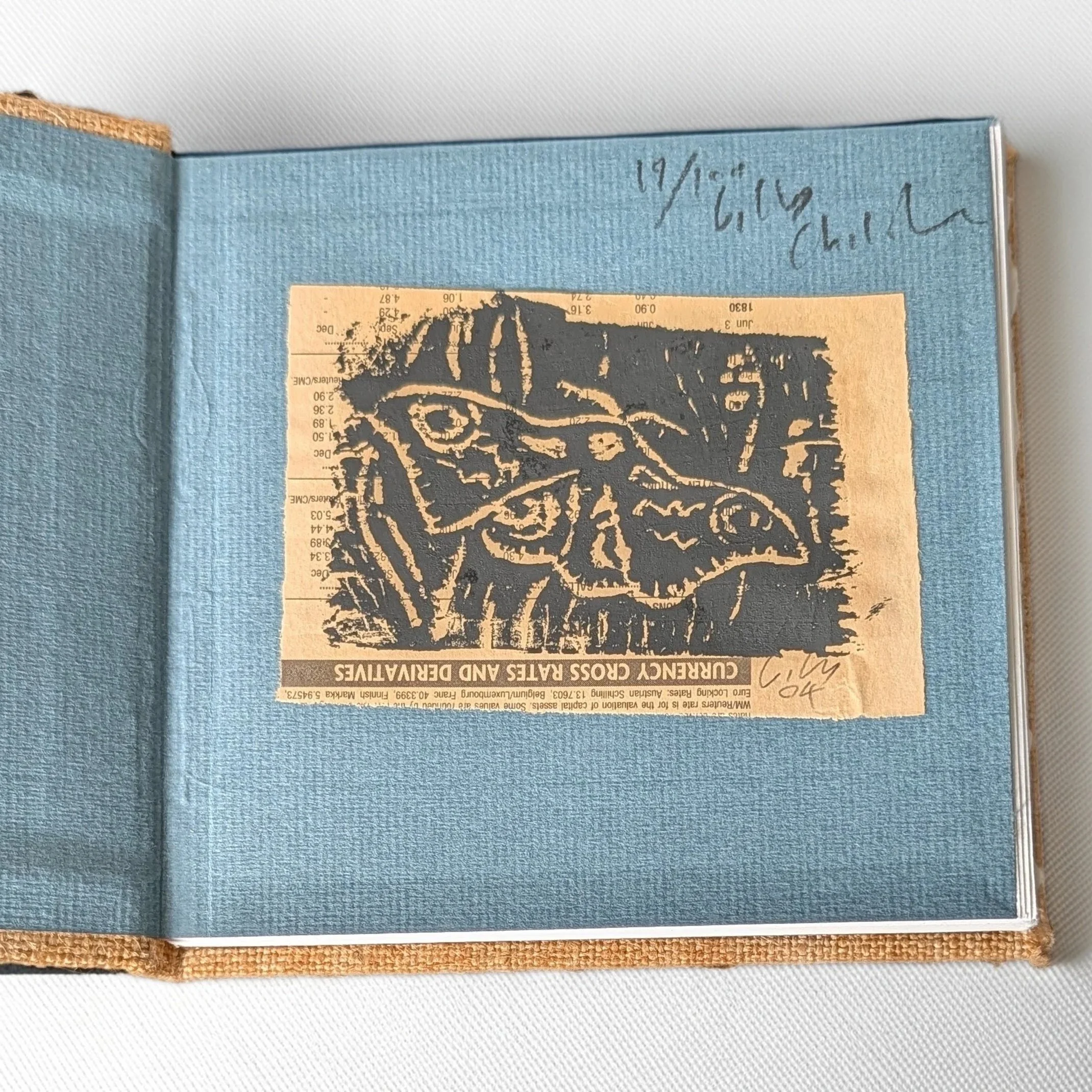 Black ink and spit woodcut on pink financial times newspaper signed bottom right billy childish in pencil numbered 19/100.jpg