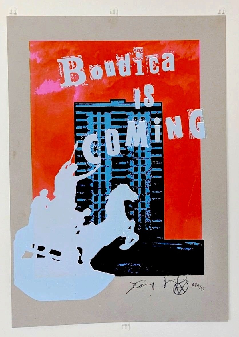 Rare collaboration Jamie Reid vs James Cauty Boudica Is Coming Estate Editions 6 colourway signed serigraph.