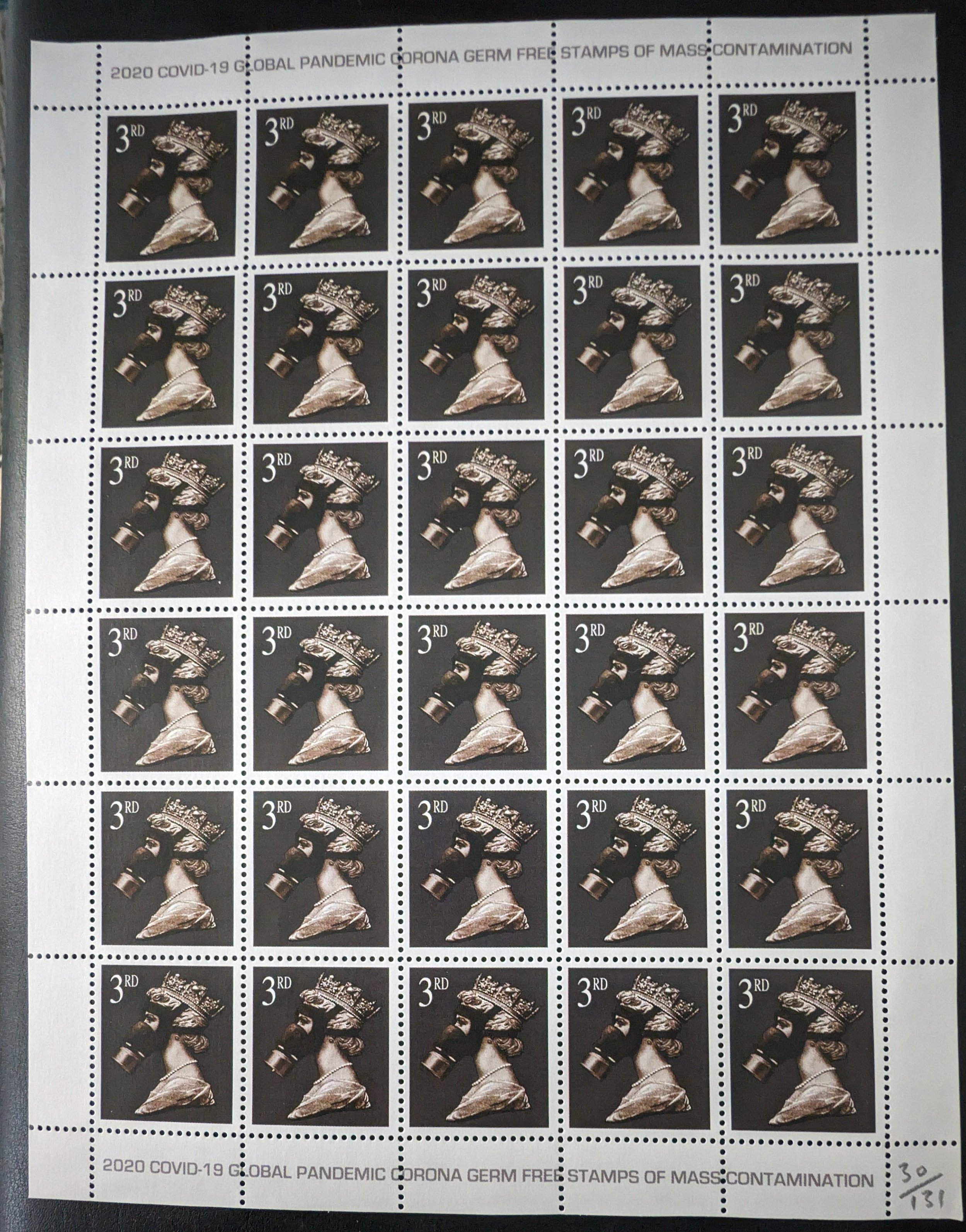 James Cauty illegal stamps of mass contamination circa 2020 1st 2nd 3rd class stamp sheets limited edition numbered 30/131 housed in custom stamped Cautese National Postal Disservice