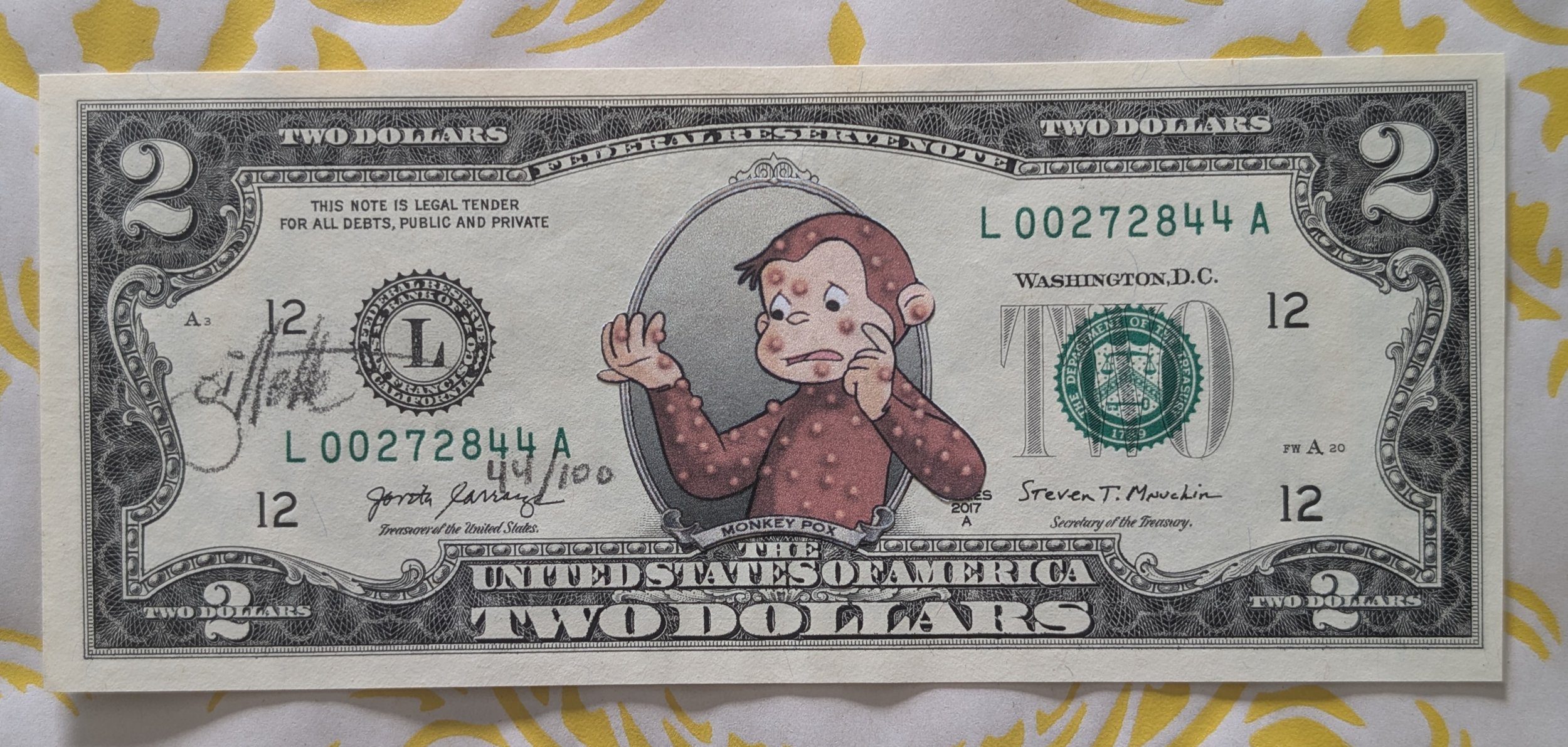 Jeff Gillette Curious George Monkey Pox M Pox Signed Limited Edition Paper Collage On Real 2$ Bill..jpeg