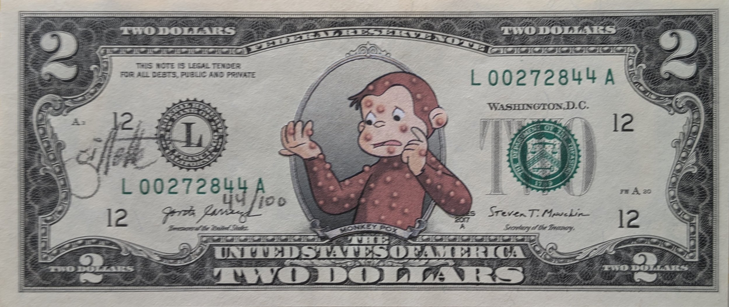 Jeff Gillette Curious George Monkey Pox M Pox Signed Limited Edition Paper Collage On Real 2$ Bill..jpeg
