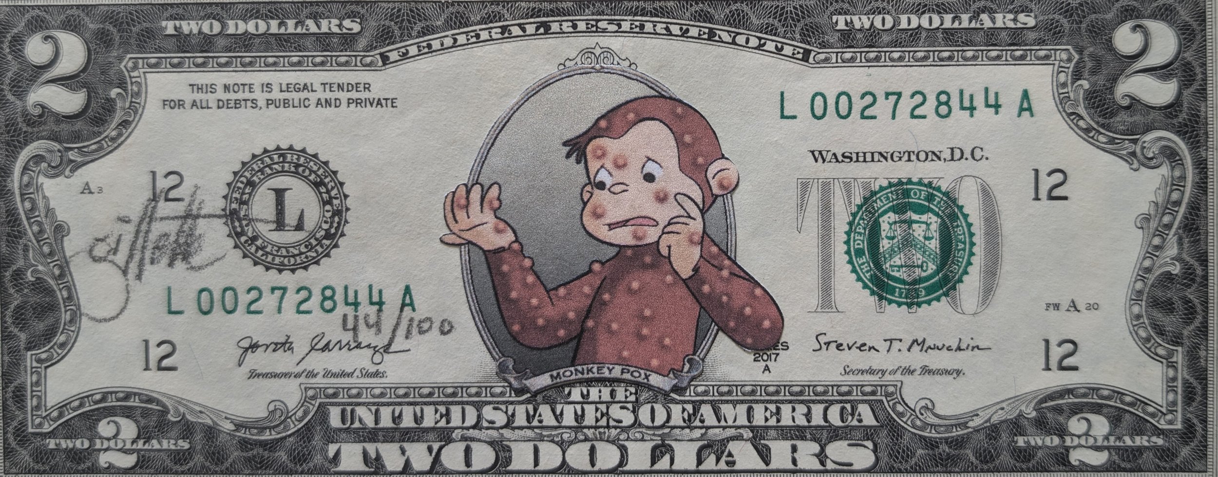 Jeff Gillette Curious George Monkey Pox M Pox Signed Limited Edition Paper Collage On Real 2$ Bill..jpeg