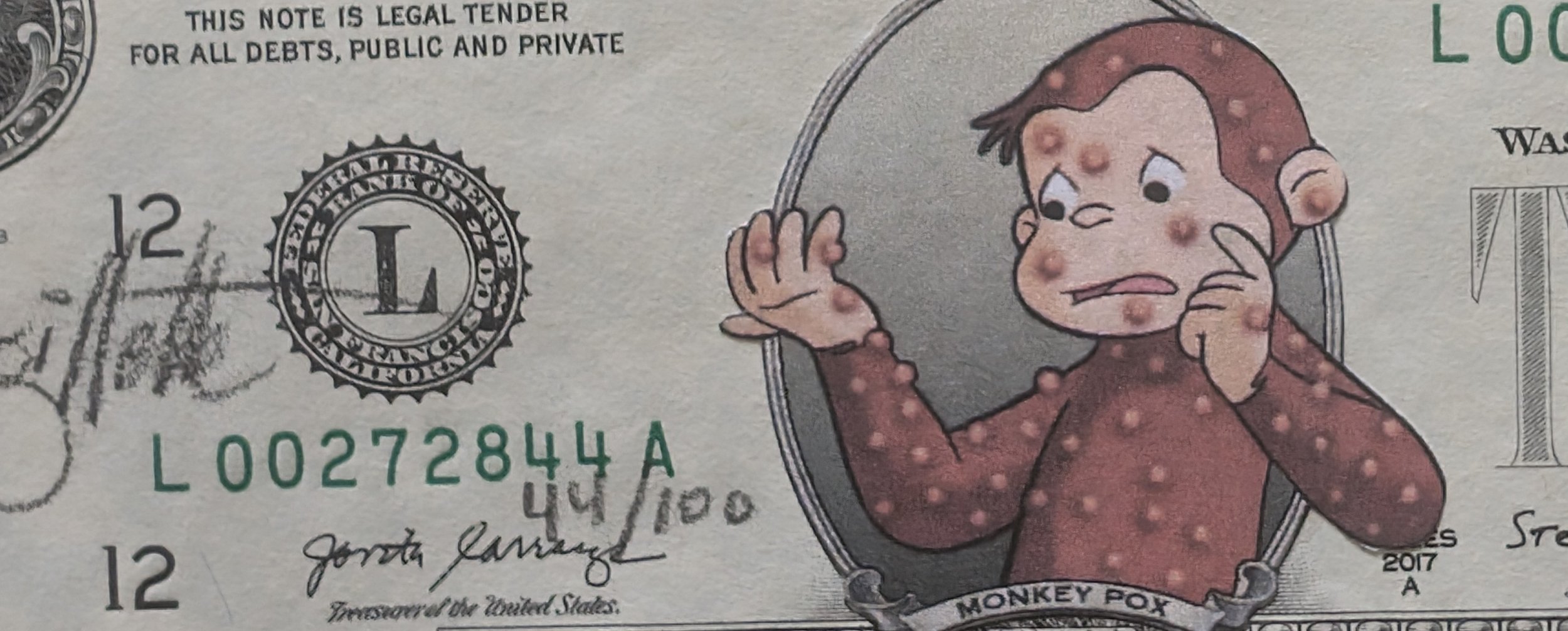 Jeff Gillette Curious George Monkey Pox M Pox Signed Limited Edition Paper Collage On Real 2$ Bill..jpeg