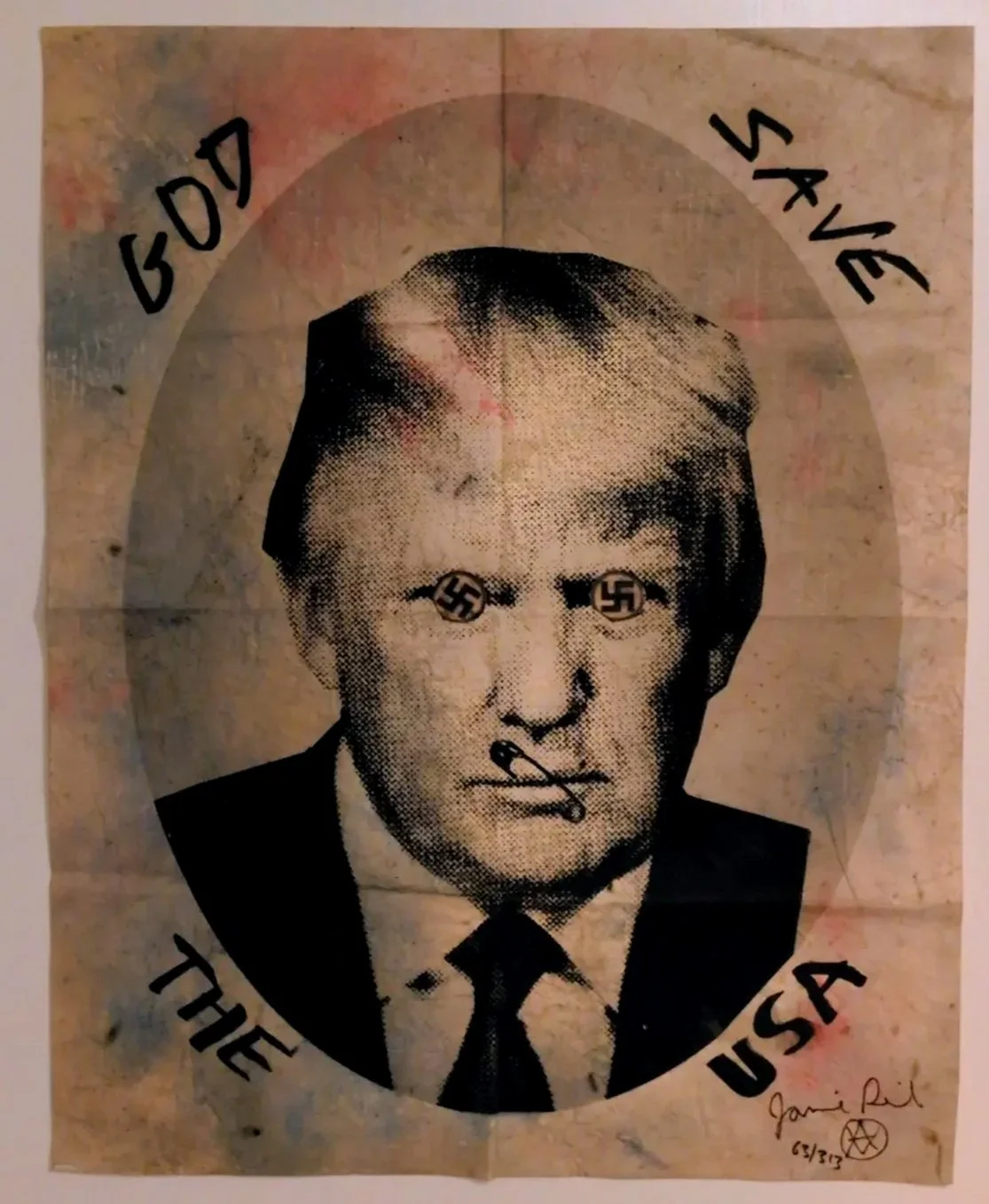 Jamie Reid`s "God Save The USA" red, white & blue hand finished print Donald Trump.