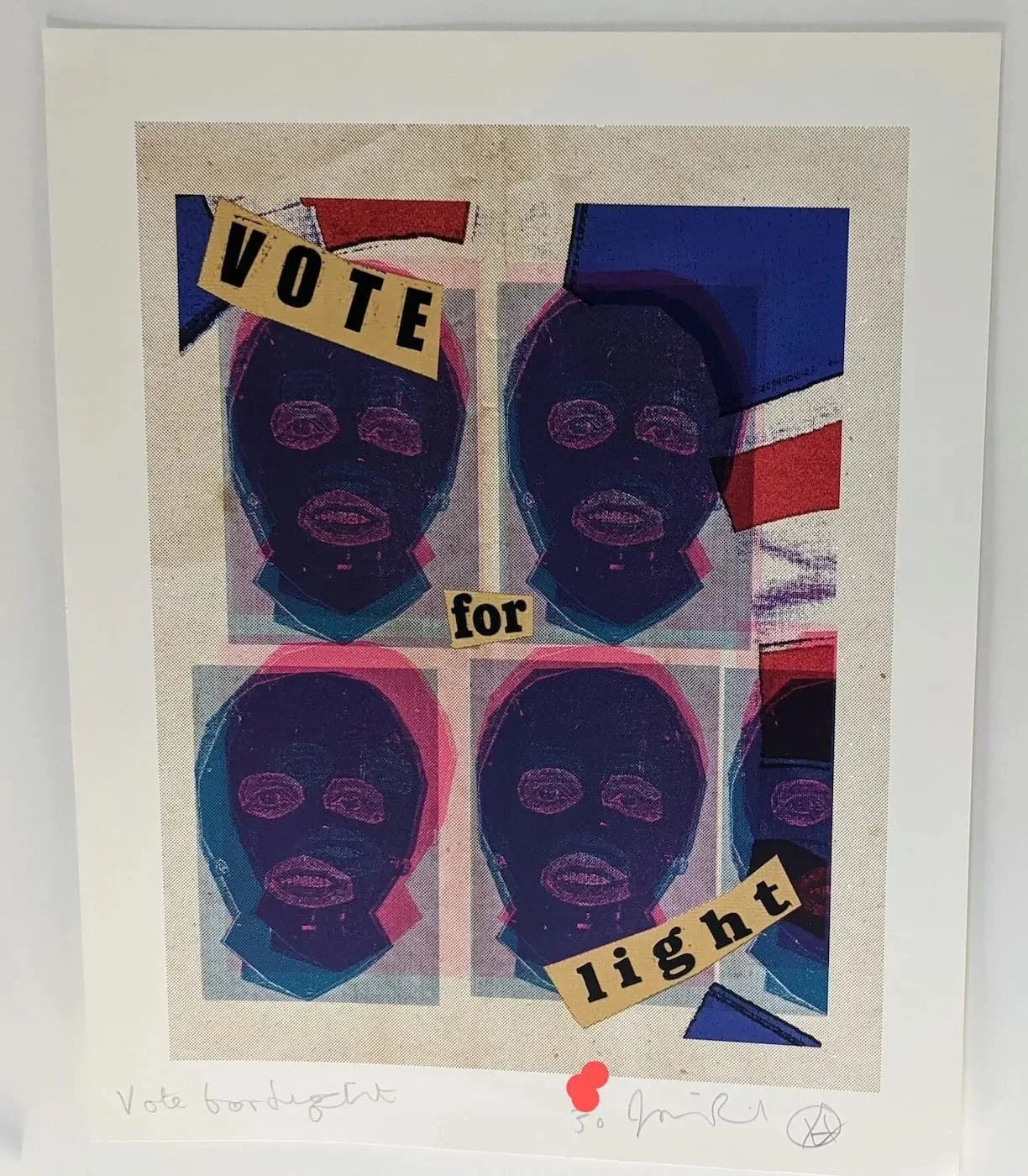 Jamie Reid original signed serigraph Vote For Light edition 50 political punk art masked figure representing Margaret Thatcher against Union Jack flag background.jpeg