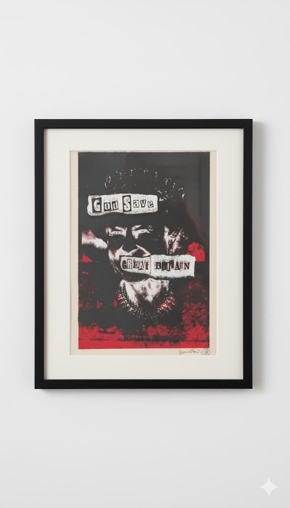 Jamie Reid Queen in Blood Diamonds Positively Negative screenprint, 2020, limited edition 40/250. Black background portrait of Queen Elizabeth II with red crown and safety pin, hand-signed in pencil