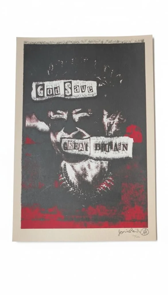 Jamie Reid Queen in Blood Diamonds Positively Negative screenprint, 2020, limited edition 40/250. Black background portrait of Queen Elizabeth II with red crown and safety pin, hand-signed in pencil