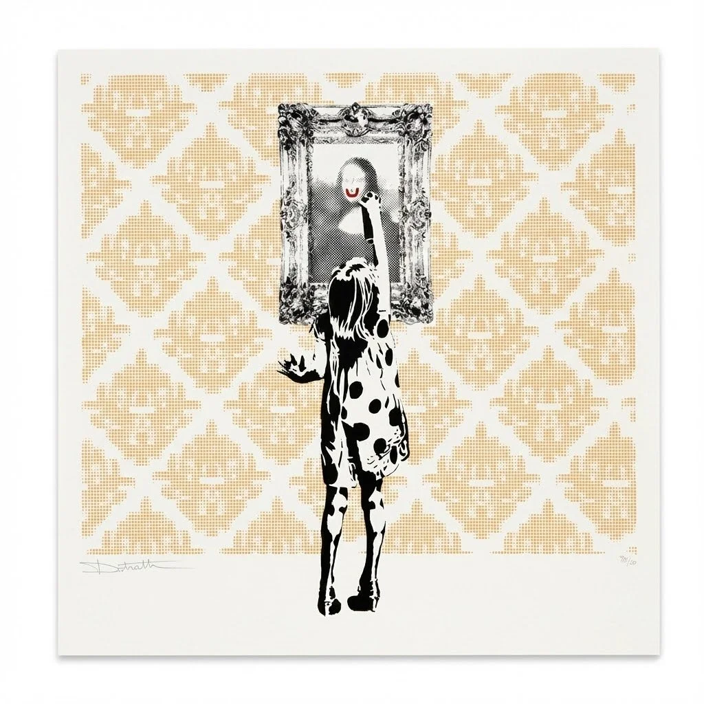 The Dotmaster "Indigo Gets Up" Big Issue Edition - Signed handmade serigraph print showing a girl painting a red smile on the Mona Lisa against yellow patterned wallpaper.jpeg