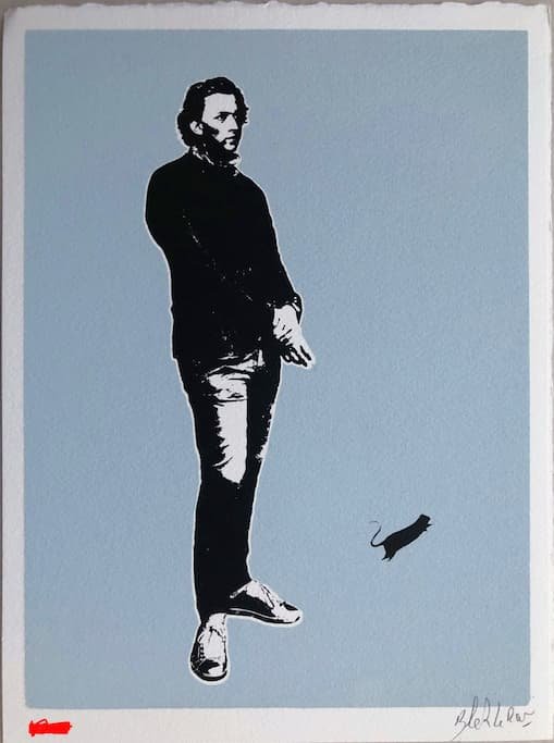 Blek le rat Frederic Chopin in casual attire on blue background signed and numbered 8 of 50 in pencil framed serigraph behind glass.jpeg