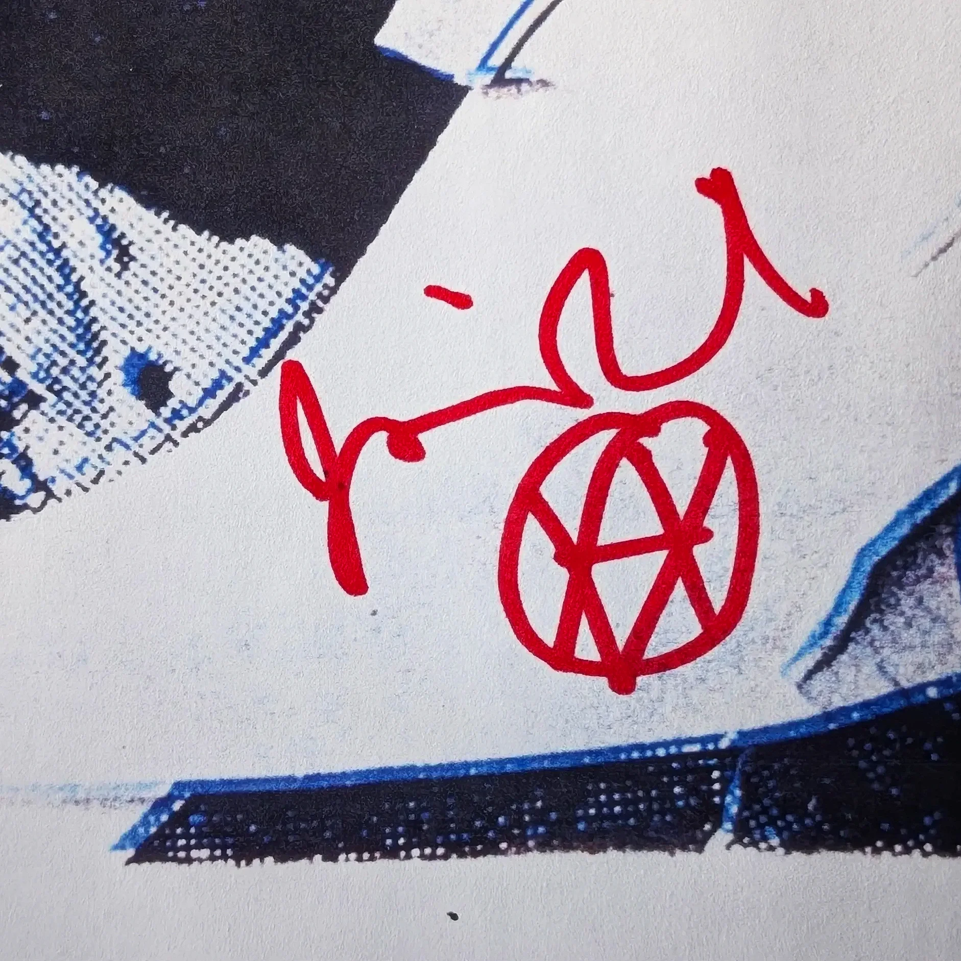 Hand signed Jamie Reid in red ink with Anarchy shamanic glyph drawing   - Rogue Materials edition Its only paper