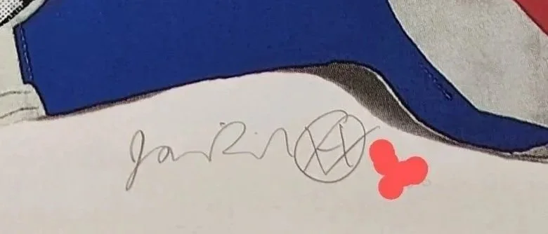 CLOSE UP OF JAMIE REID`S SIGNATURE PLUS GLYPTH DRAWING.