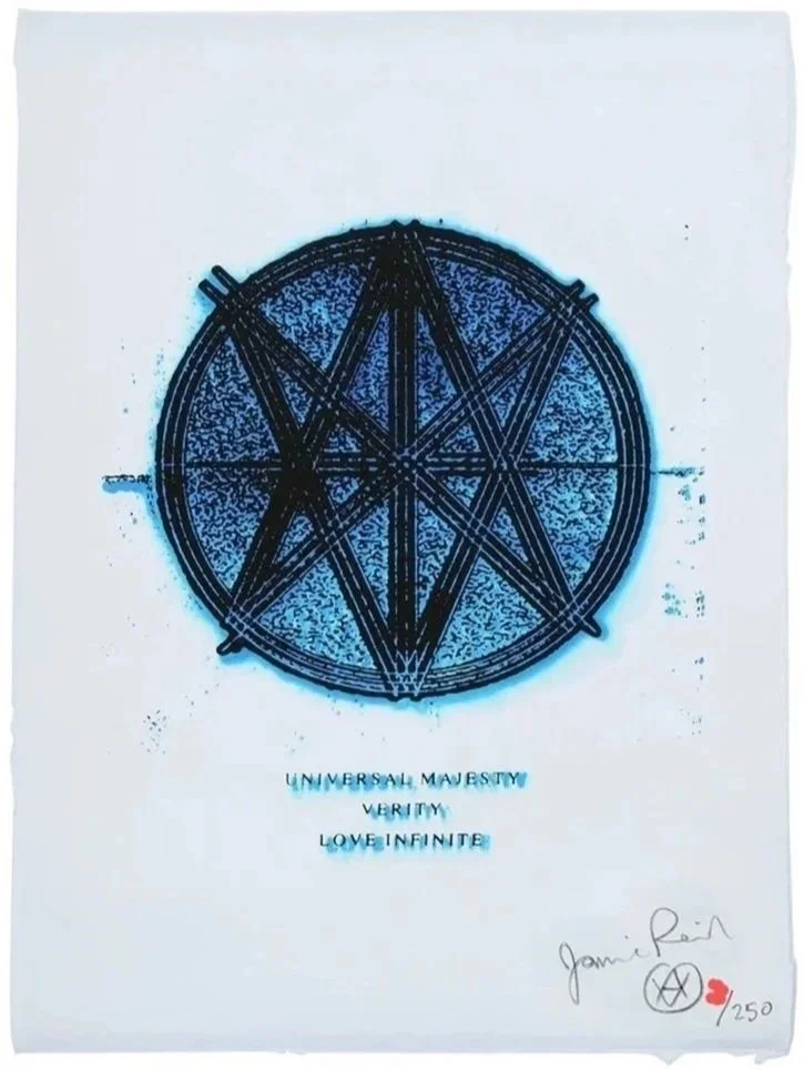 Cyan blue stippled Druid Star centered above stacked serif typography