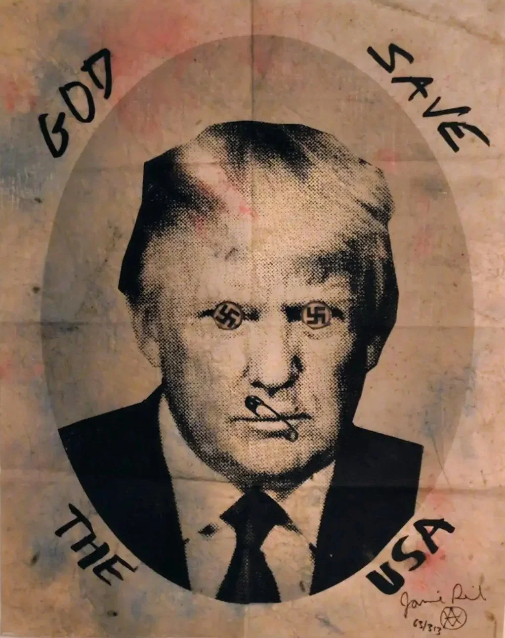 another pic of Jamie Reid`s "God Save The USA" Donald Trump given a Sex Pistols punk makeover.