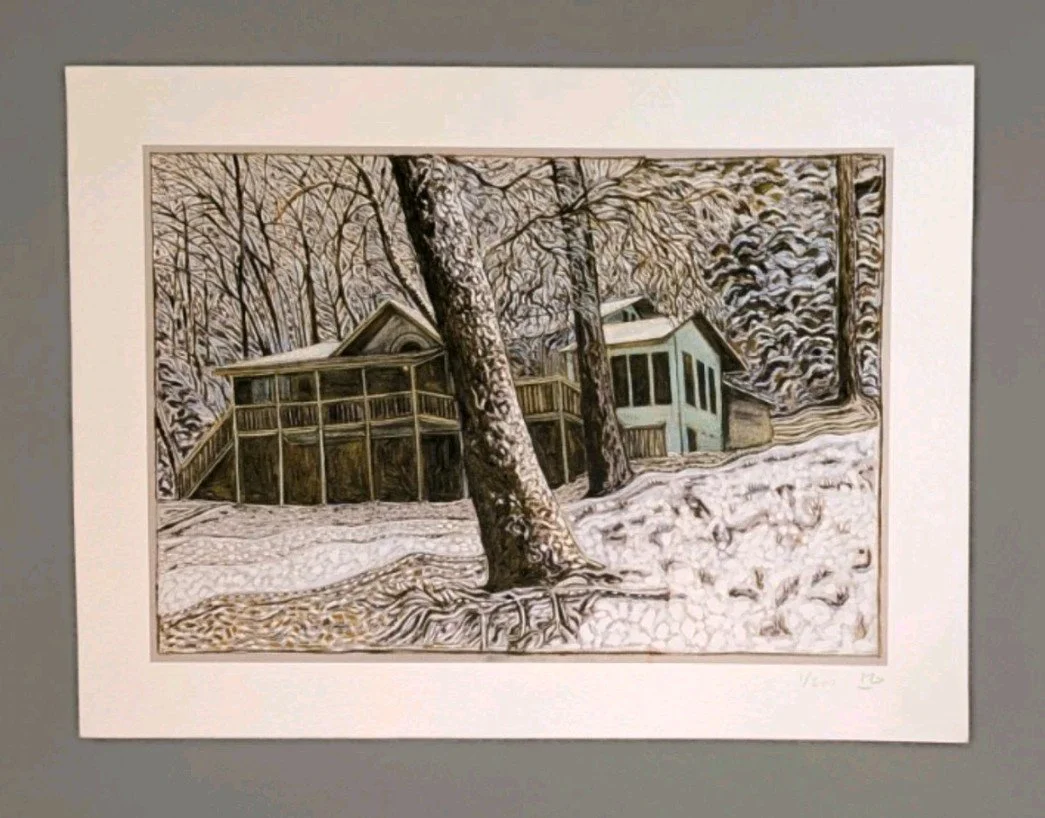 John Hopkins srs house silver birch forest  a wintery snowy landscapeby billy childish.