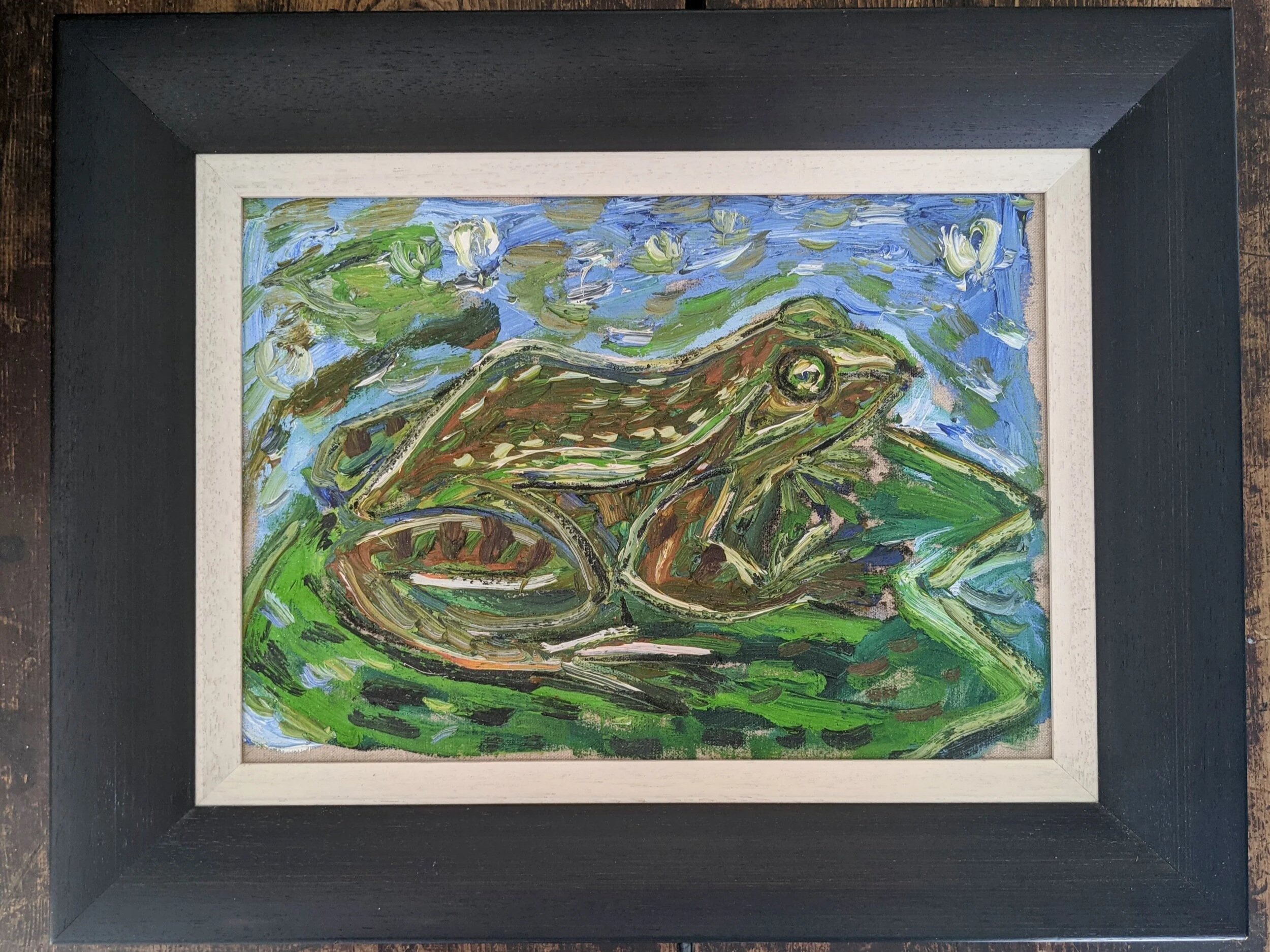 "Frog" by Billy Childish detail Black wooden tray frame.