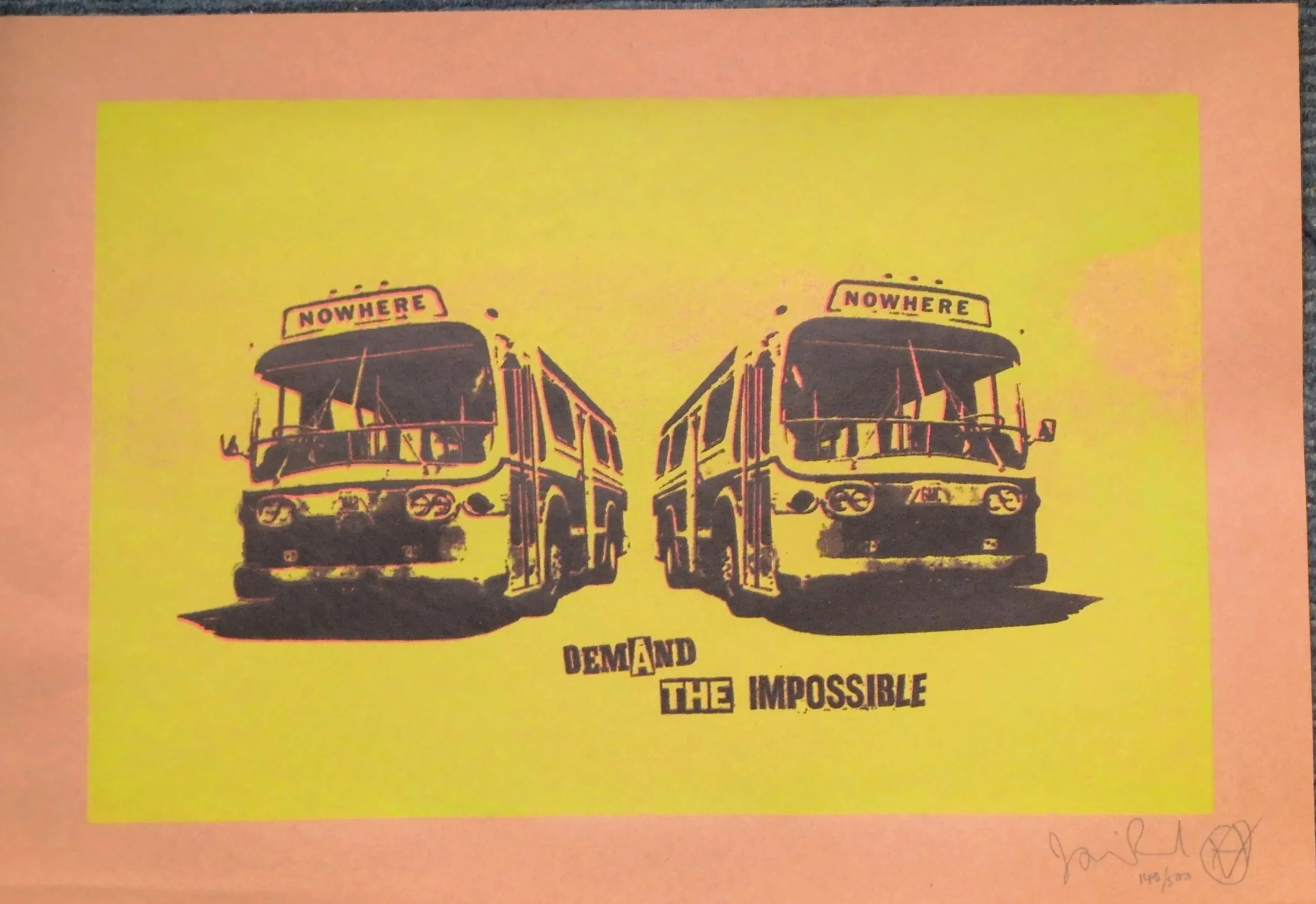 Jamie Reid nowhere buses silk screen print handmade yellow colour way signed j Reid and numbered in pencil with glyph drawing.jpg