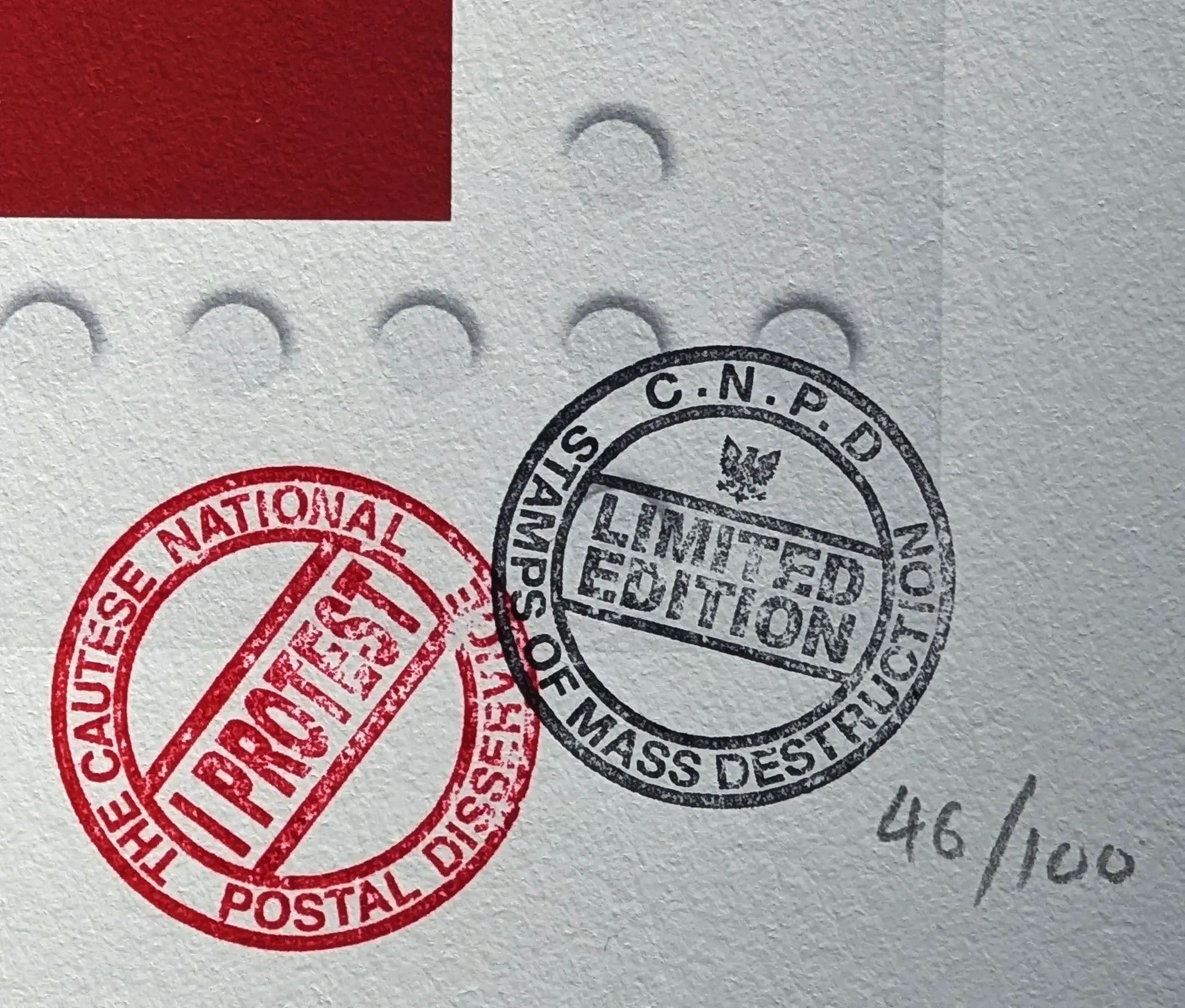 limited edition print details 46 of 100 in pencil together with  CNPD stamps by James Cauty Its Only Paper