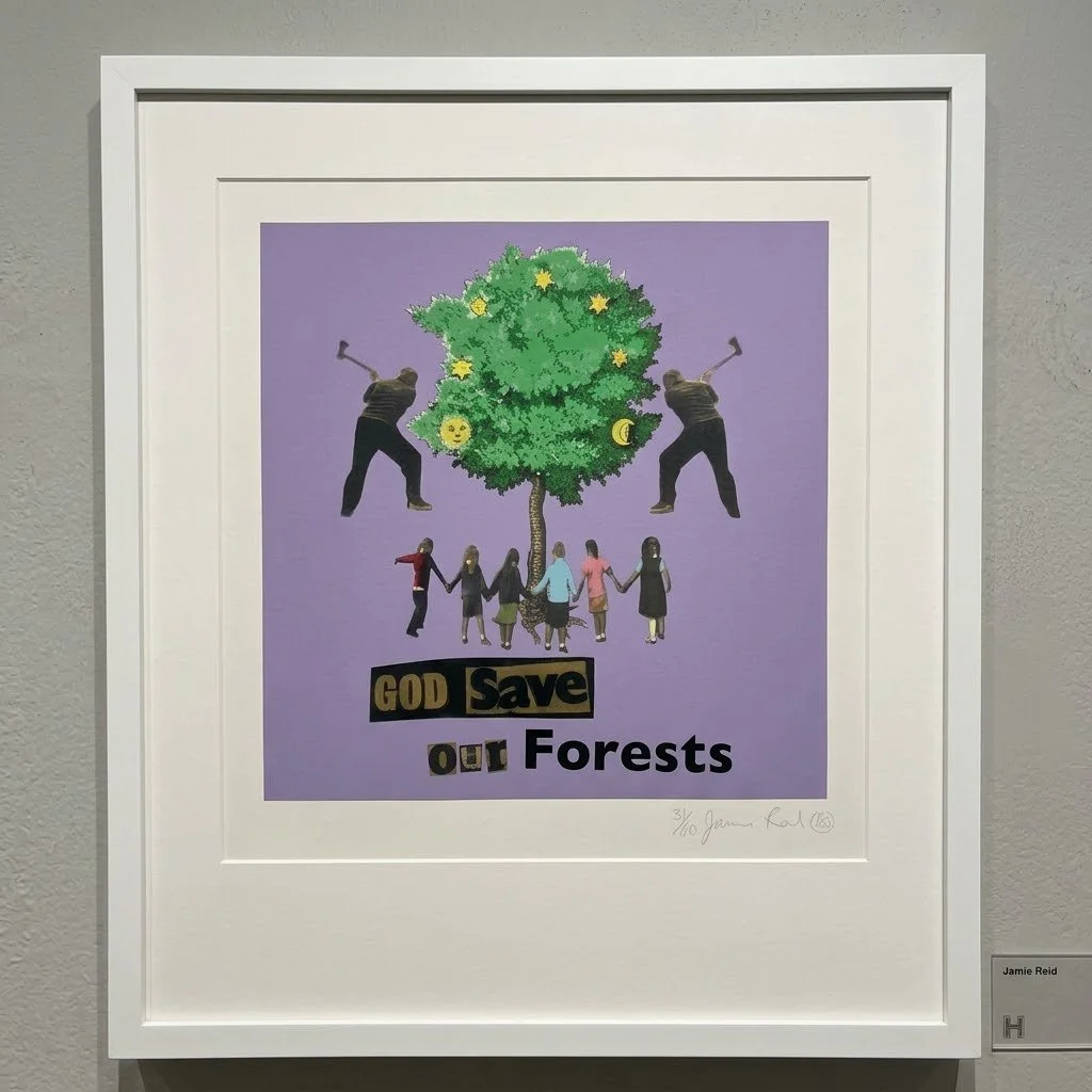 Children of the world in colourful attire hugging a tree that's about to be chopped down by two men with the words god save our forests purple background.jpg
