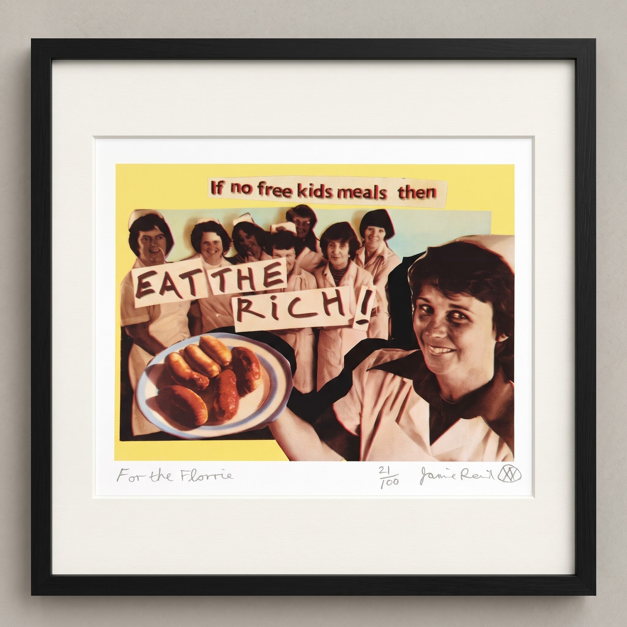 Framed view of Jamie Reid's "Eat The Rich" (2020) archival Giclée print, edition 21/100.