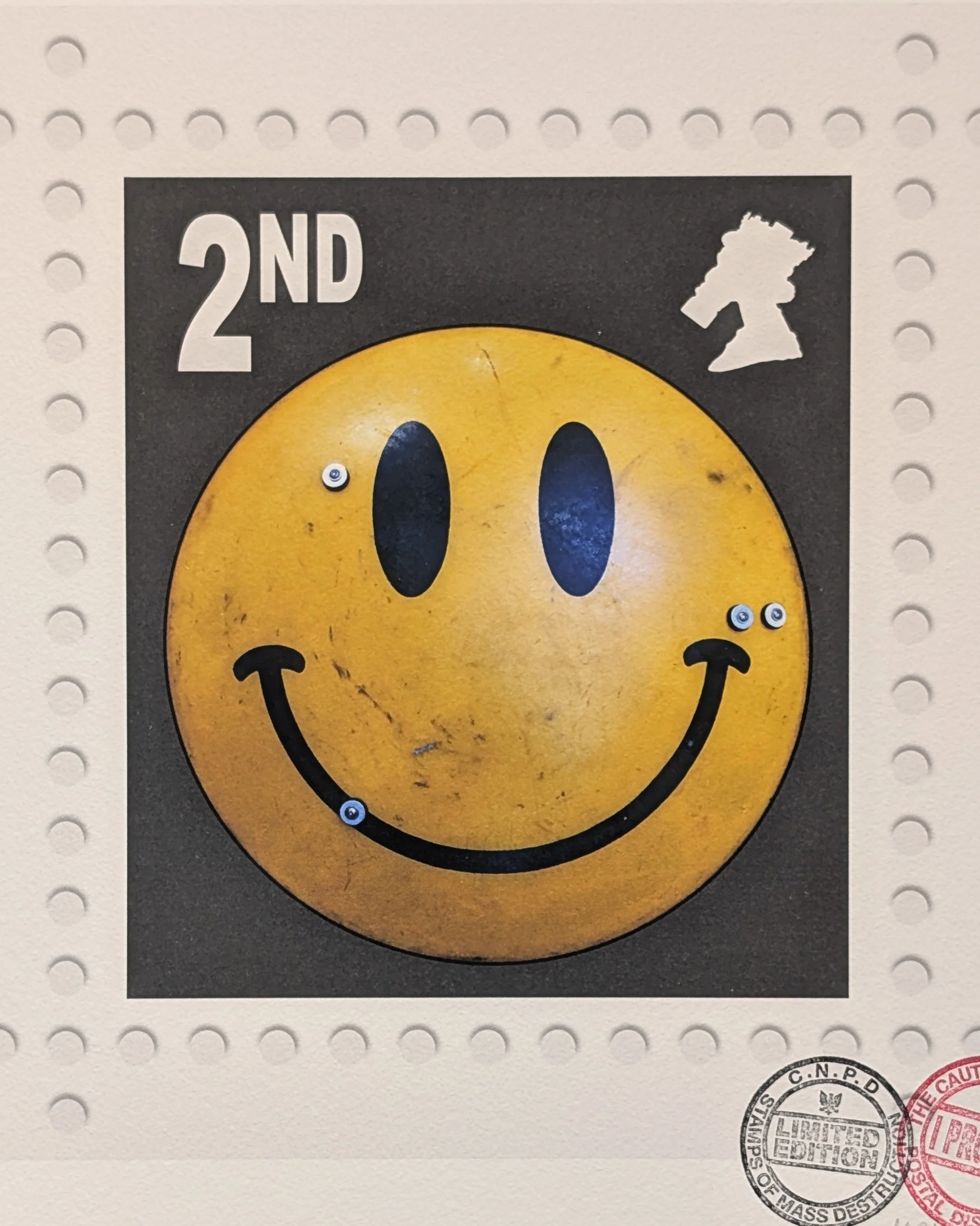 closer look james cauty 2nd class stamp of m,ass destruction its only paper