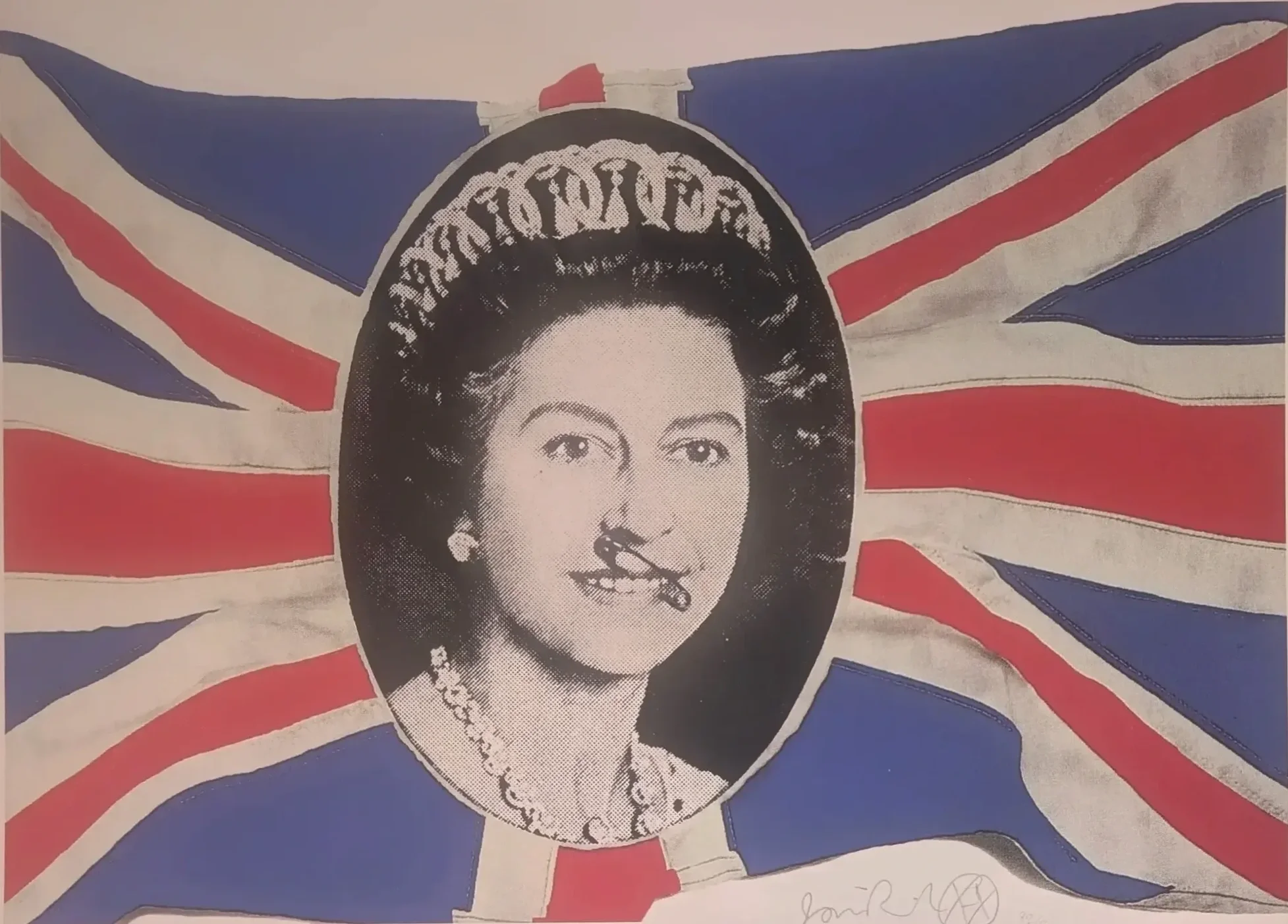 Beatons classic queen on wavy union jack background by Jamie Reid its only paper