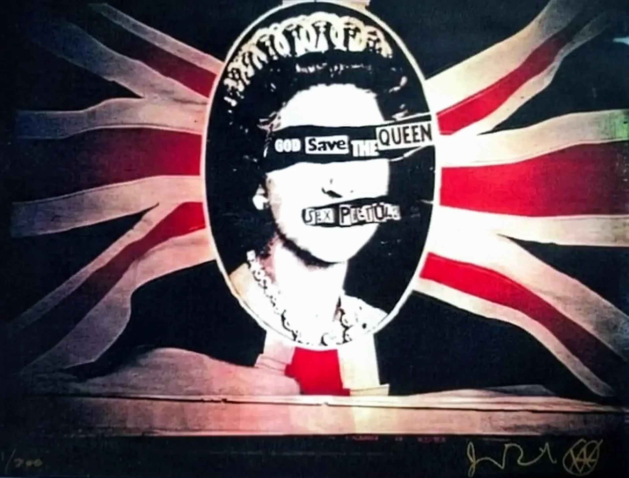 beatons queen on a wavy union jack print by jamie reid its only paper