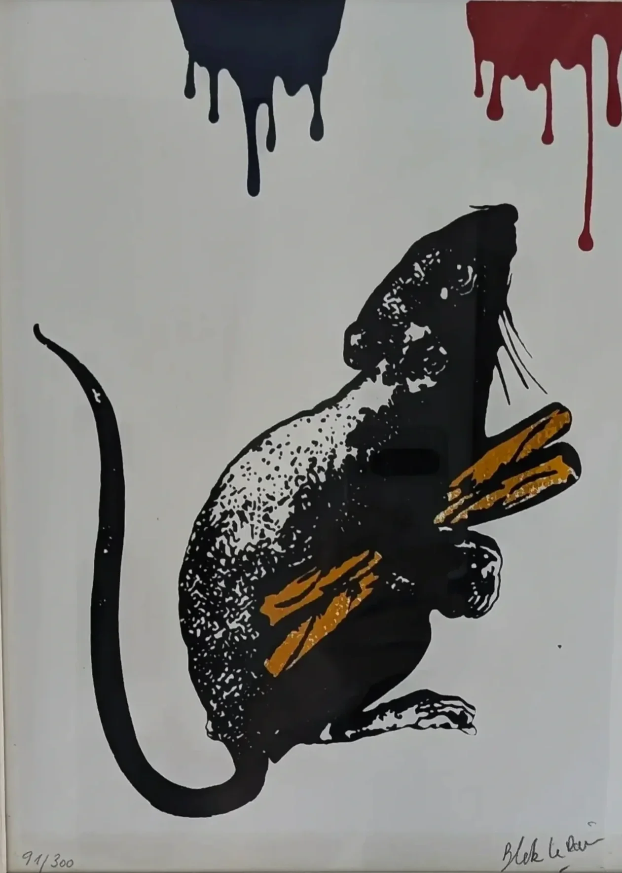 red white and blue silk screen print in white frame by blek le rat its only paper