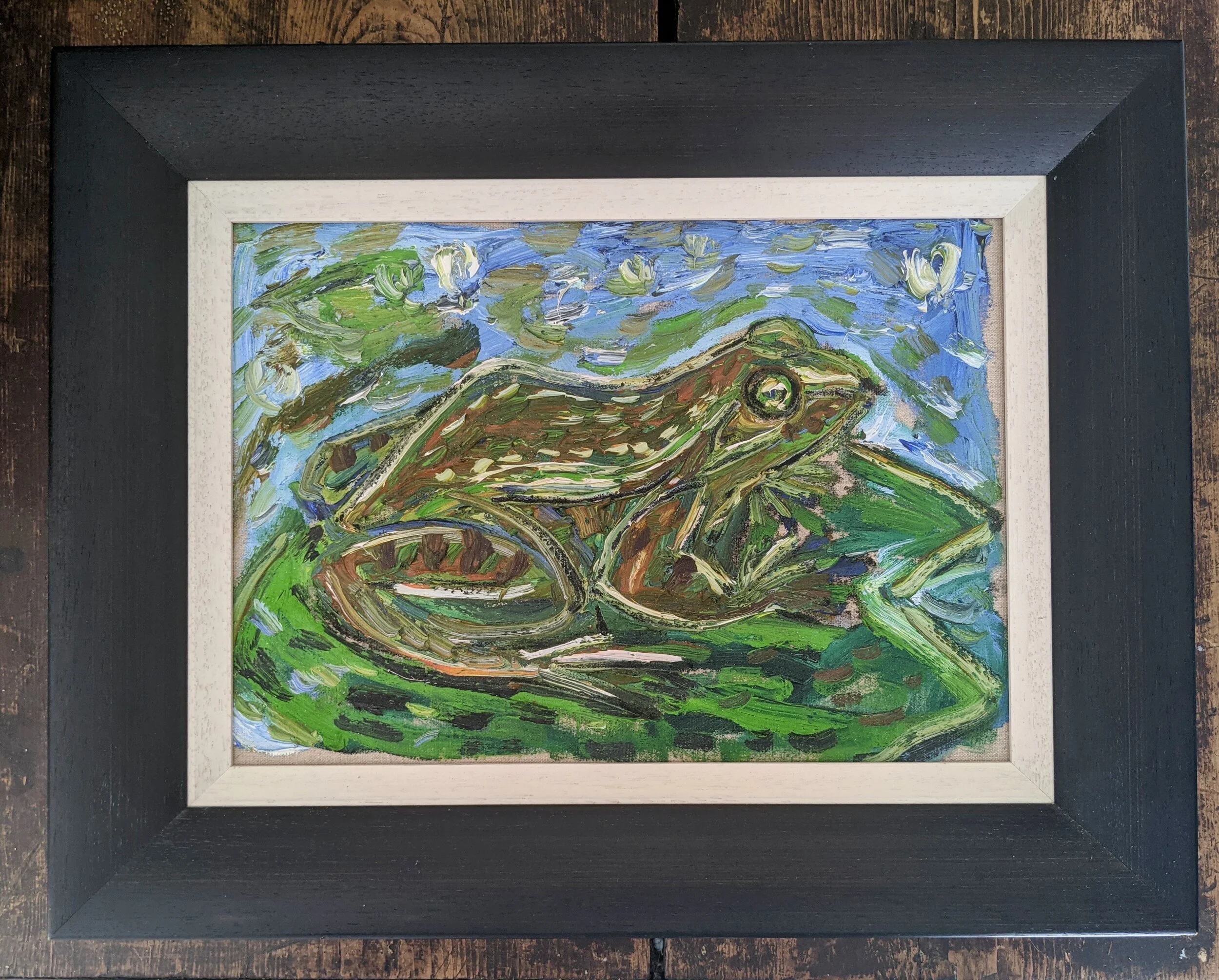 Full image of Billy Childish painting "Frog" including black frame.