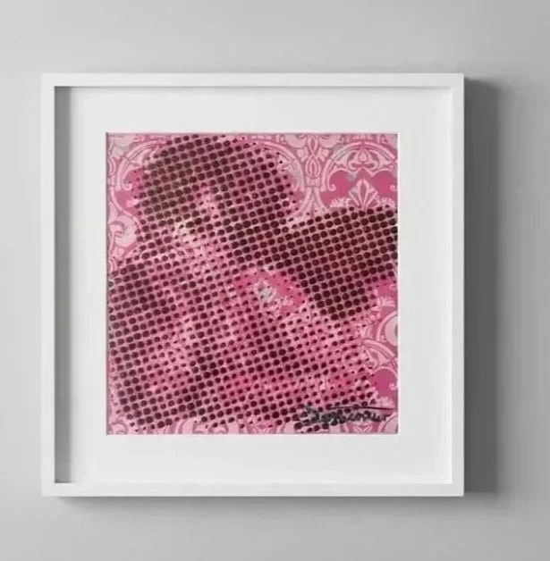 Dotmaster`s "Cherub" modern dot stencil spray painting pink & black.