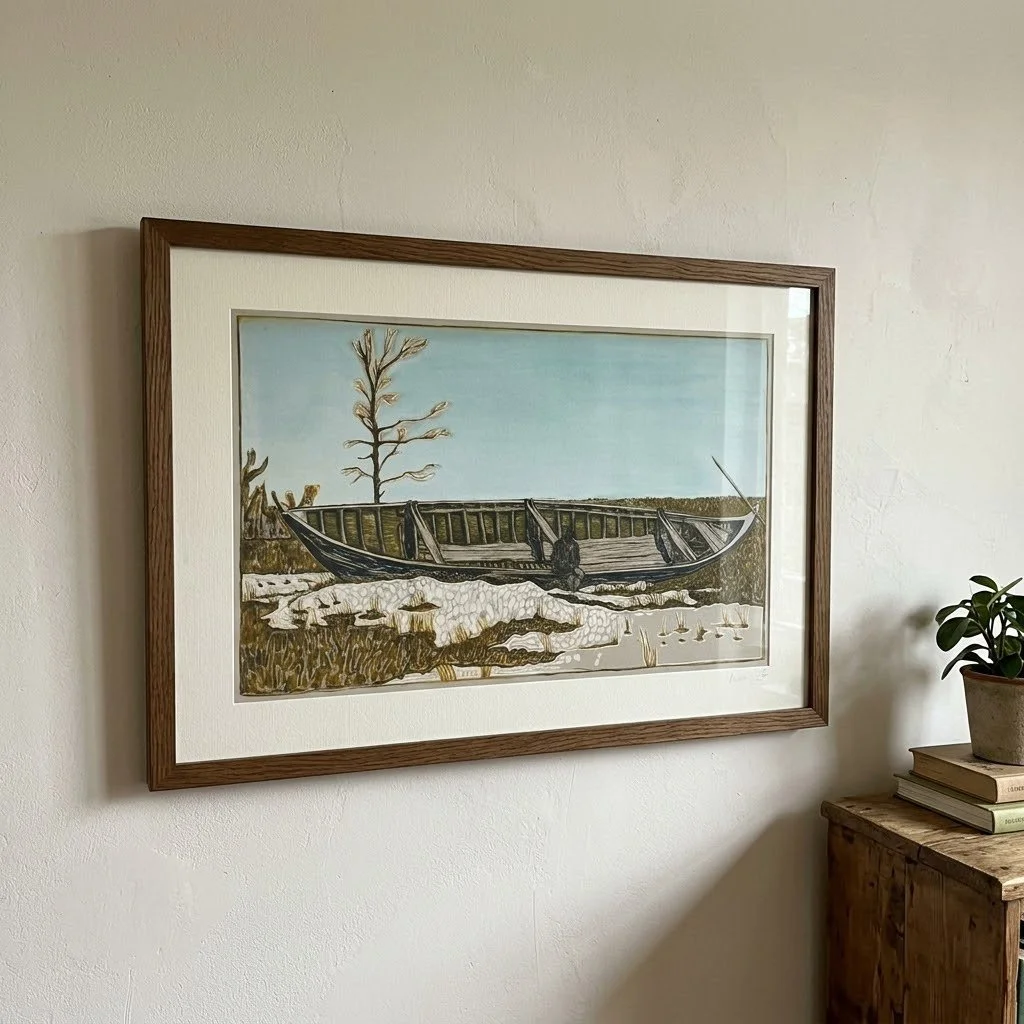Giclée print 1/200 by Billy Childish featuring a figure in a boat, signed with gallows mark.jpg