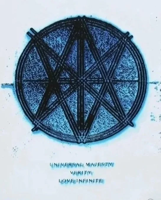 Close up of the blue printed words Universal Majesty Verity Love Infinite