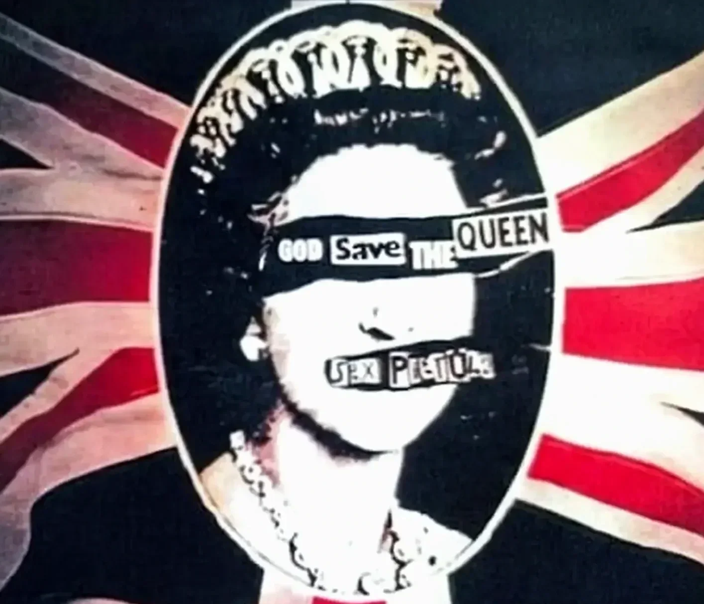 a closer look at Jamie Reids iconic image of queen elizabeth the second its only paper