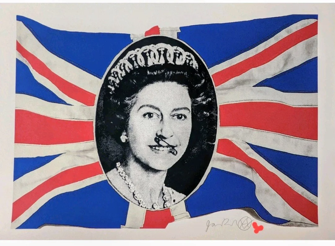 Beaton's portrait of queen Elizabeth the 2nd on a wavy red white and blue Union Jack with sex pistols safety pin through her lip