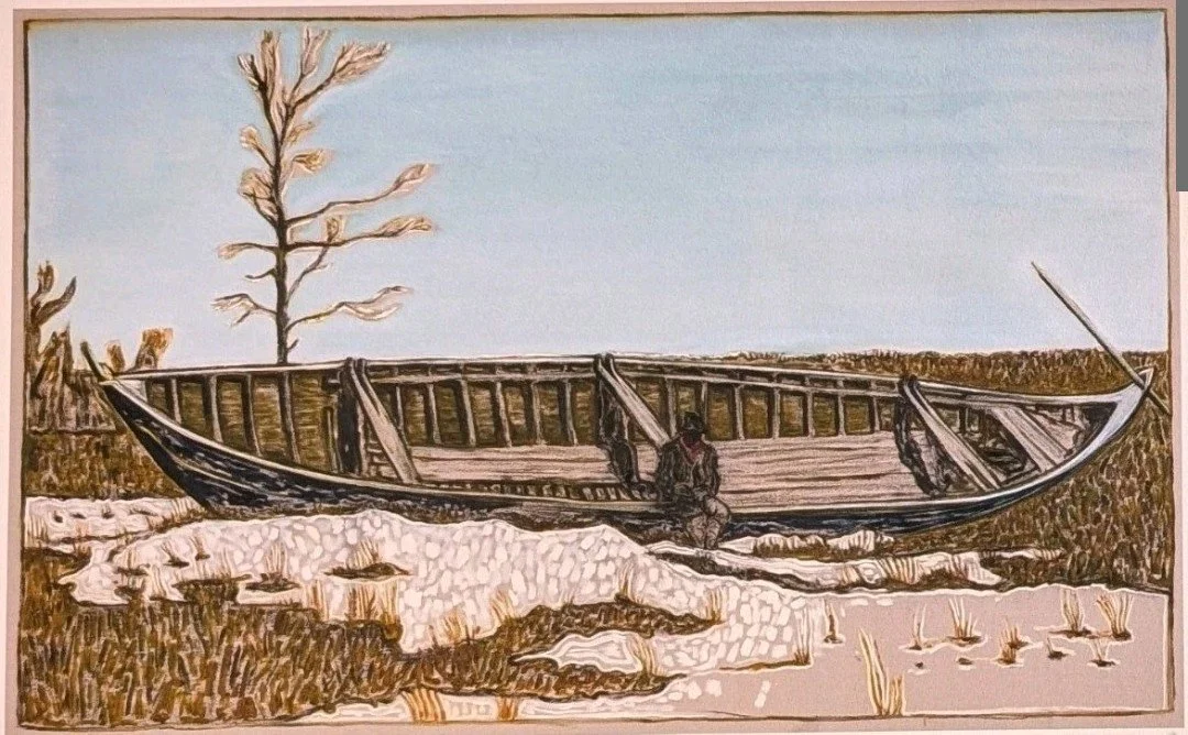 Just the image details a man sitting on canoe