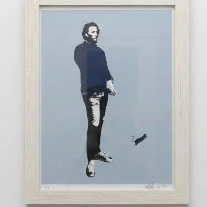 Blue serigraph portrait of a man in modern casual attire, Jeans and trainers