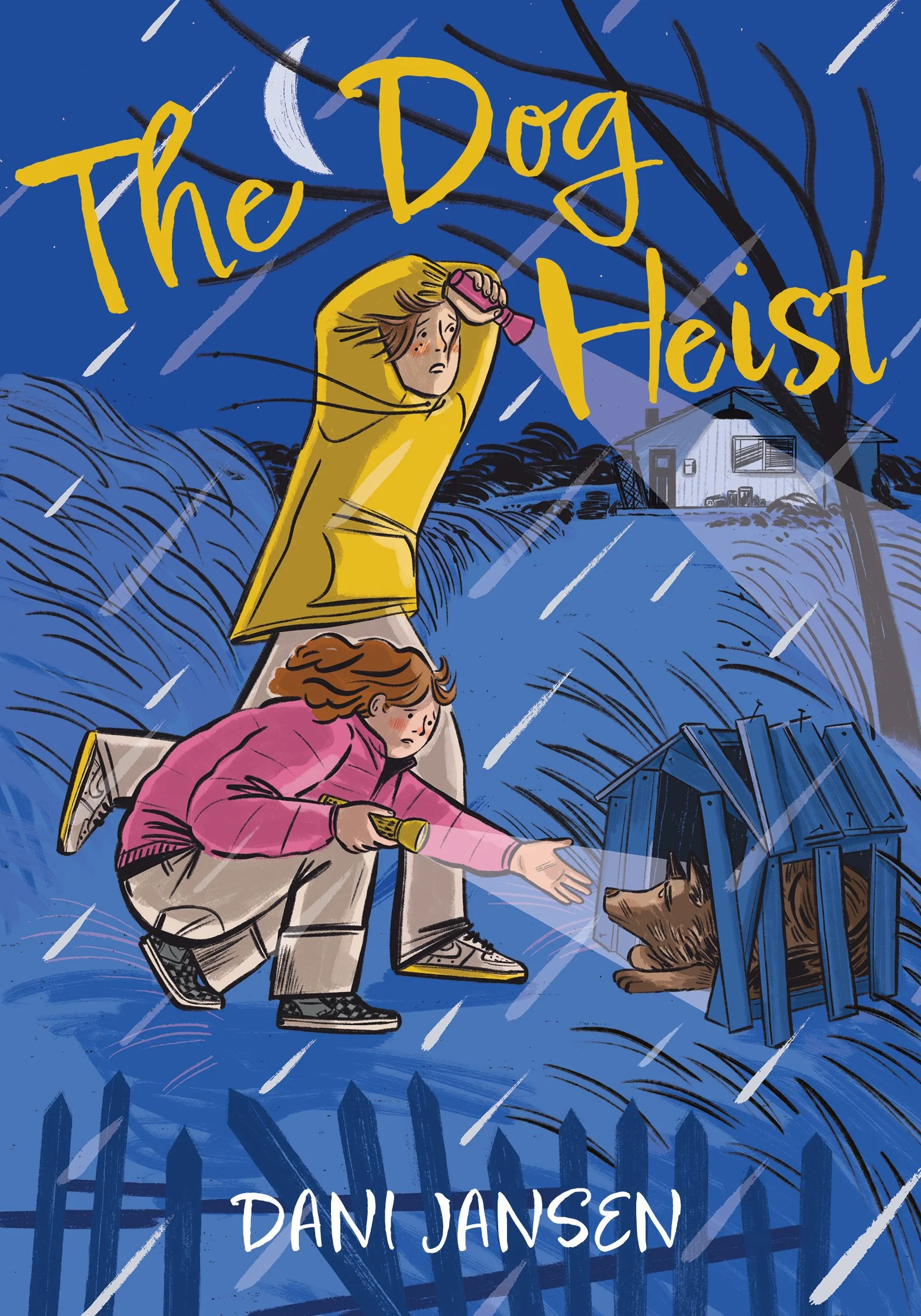 Illustration of two children walking in the rain at night, one with a yellow raincoat and the other with a pink jacket, with a run-down dog house in the foreground and the title 'The Dog Heist' by Dani Jansen.