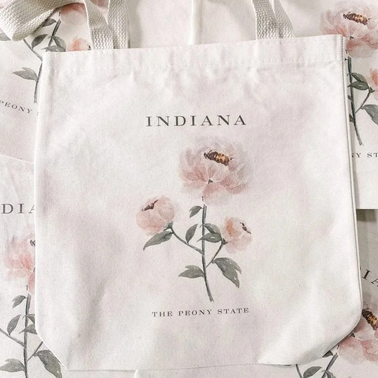 Peony State Tote Bag — handmade gift for teacher by Indiana artist Jess — artandhomeco