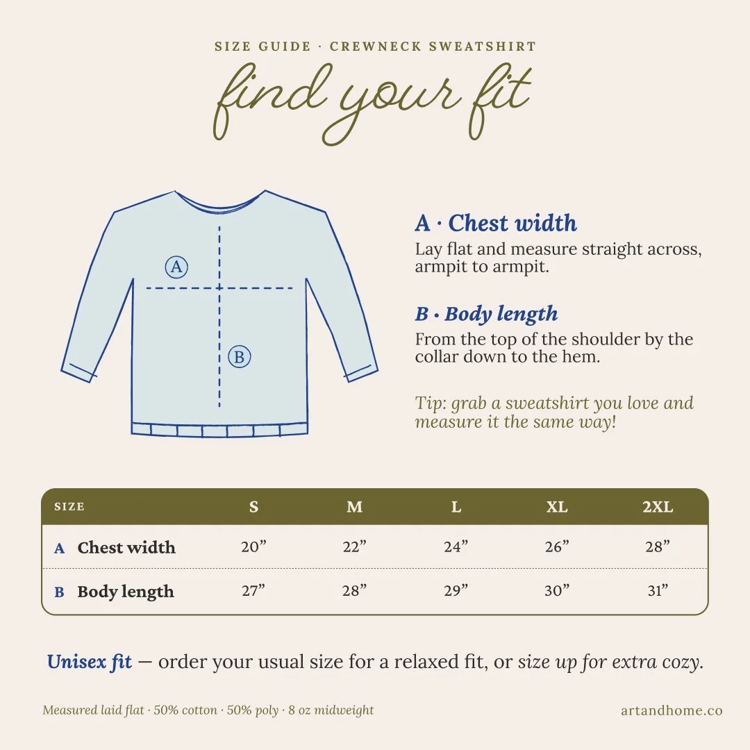 Unisex crewneck sweatshirt size guide with chest width and body length for S to 2XL