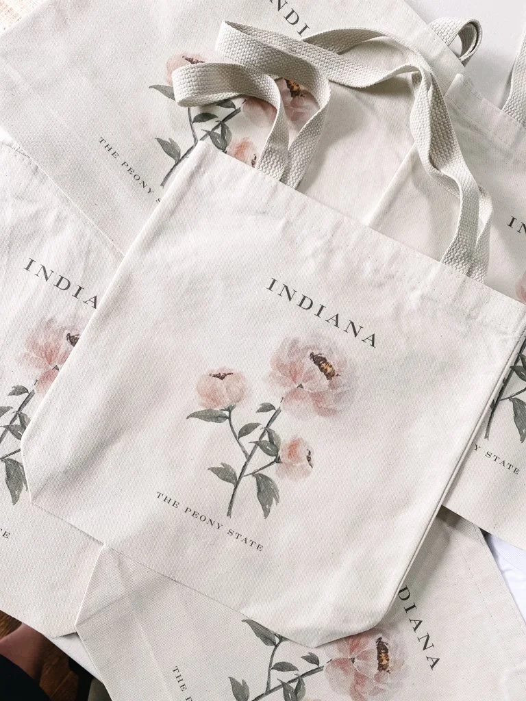 Indiana Peony Tote Bag — handmade Indiana graduation gift by Indiana artist Jess